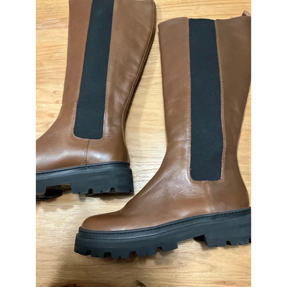 Madewell Brown Leather Lugsole Knee High Chelsea Boots Size 8 Lug Sole Platform